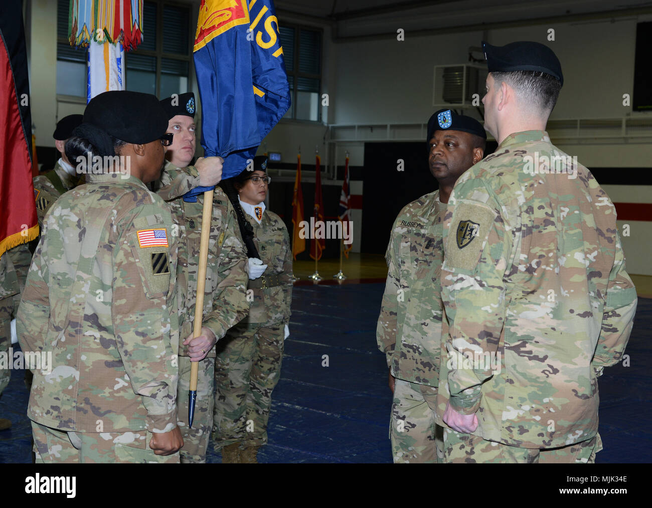 The official party prepares for the passing of the colors at the USANATO Bde., change of responsibility ceremony, December 05, 2017 at Sembach, Germany. (U.S. Army Photo by Visual Information Specialist Elisabeth Paque/Released) Stock Photo