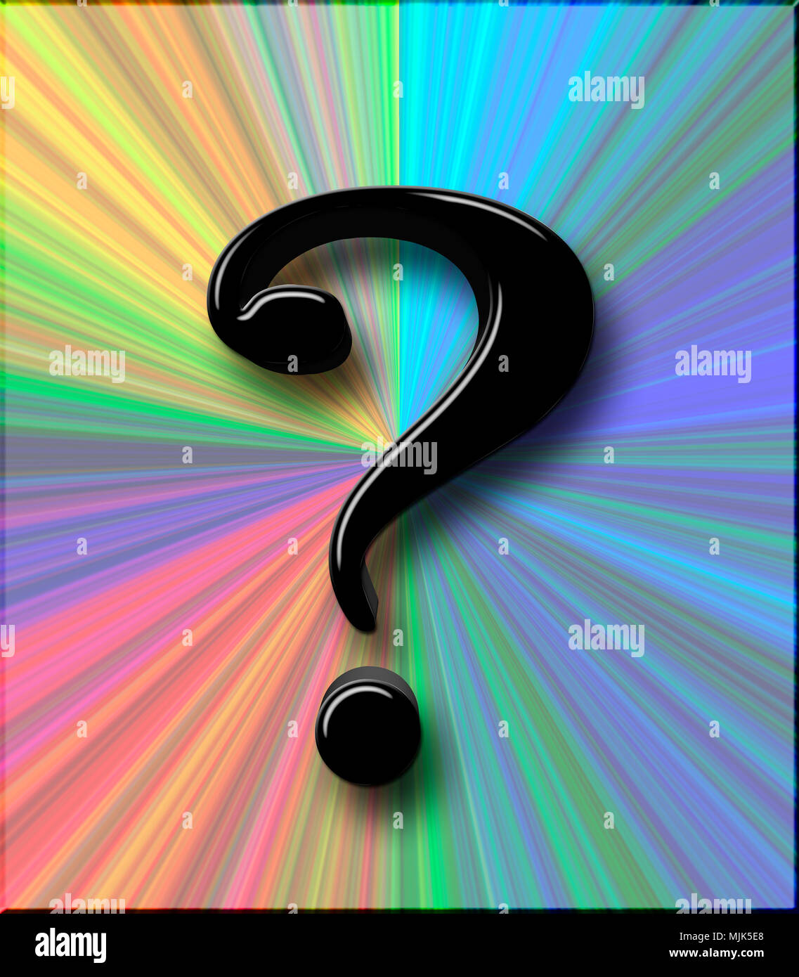 Stock Illustration - Large Three Dimensional Black Question Mark , 3D Illustration, Isolated against the Rainbow Background. Stock Photo