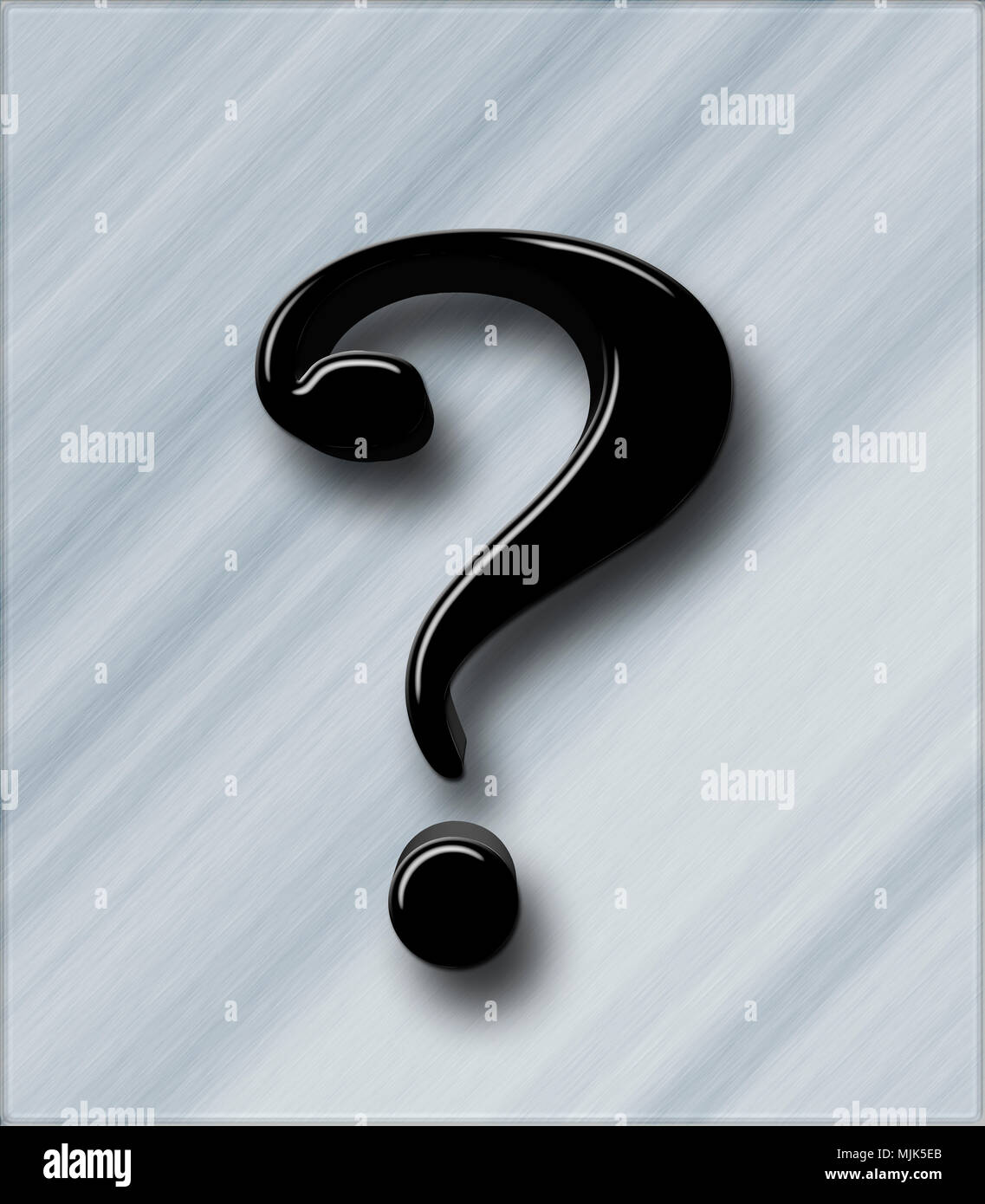 Stock Illustration - Large Three Dimensional Black Question Mark , 3D Illustration, Isolated against the Steel Background. Stock Photo