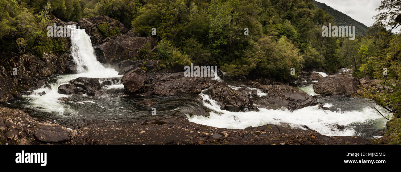 Panoramic view of the Chaica River Waterfall, Alerce Andino National Park, Puerto Varas, Chile Stock Photo