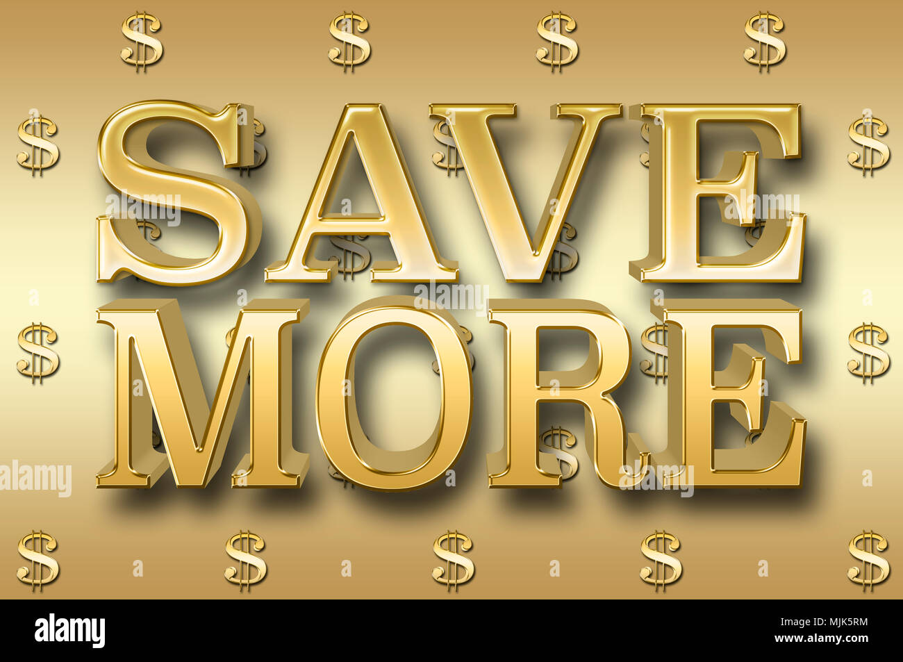 Stock Illustration - Large Metallic Text: Save More, 3D Illustration, Small Golden Dollar Currency Signs In the Golden Background. Stock Photo