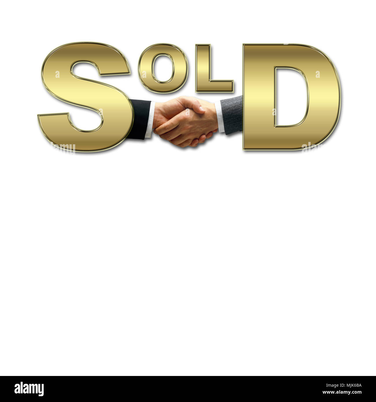 Stock Illustration - Shiny Golden Text: SOLD, human handshake sealing the deal, isolated against the white background. Stock Photo