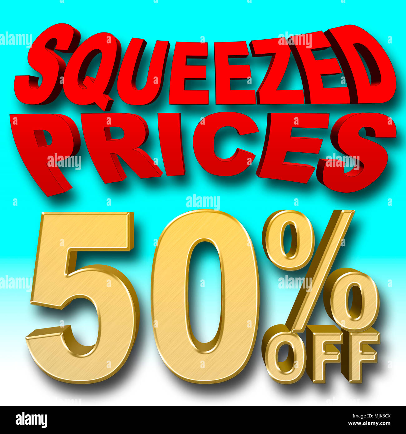 Stock Illustration - Golden Text: 50 Percentage Off, Red Text: Squeezed Prices, 3D Illustration, Blue Gradient Background, Different. Stock Photo