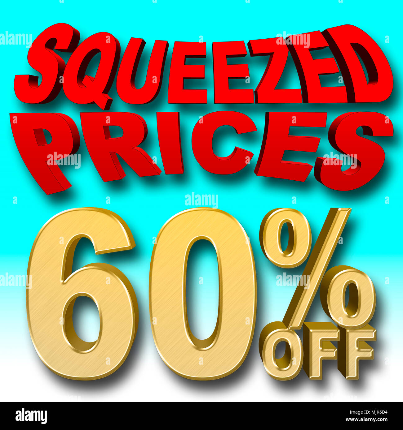 Stock Illustration - Golden Text: 60 Percentage Off, Red Text: Squeezed Prices, 3D Illustration, Blue Gradient Background, Different. Stock Photo
