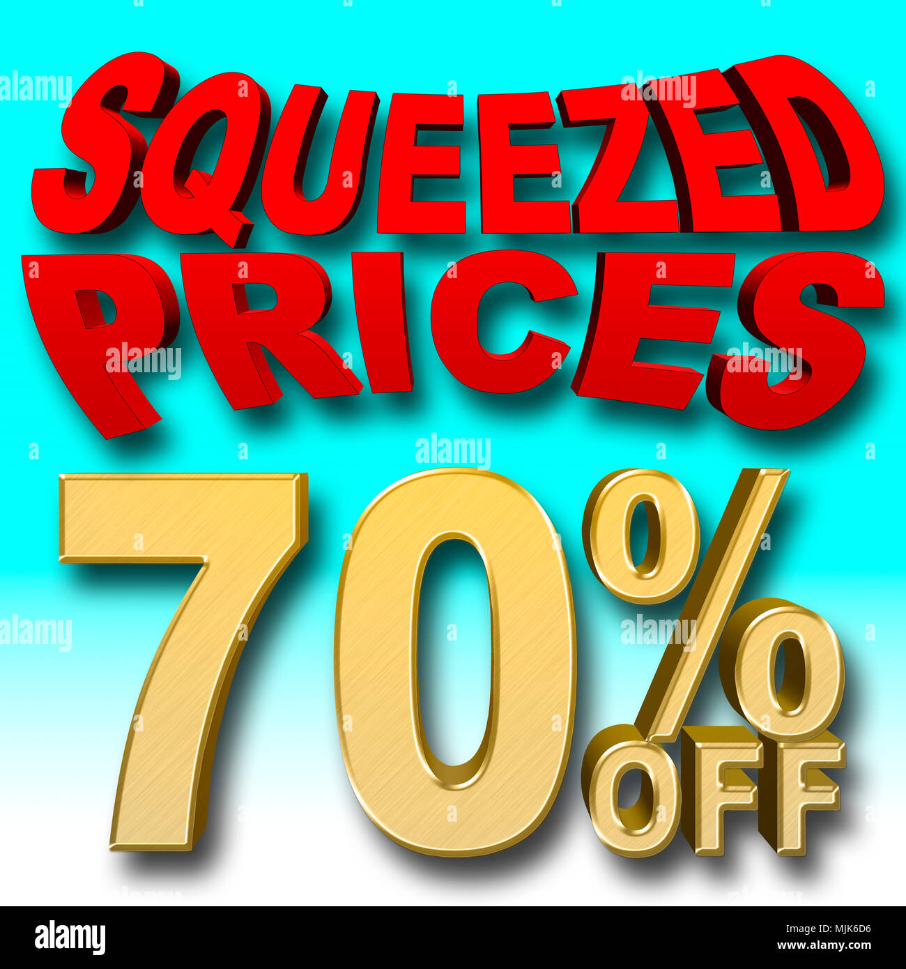Stock Illustration - Golden Text: 70 Percentage Off, Red Text: Squeezed Prices, 3D Illustration, Blue Gradient Background, Different. Stock Photo