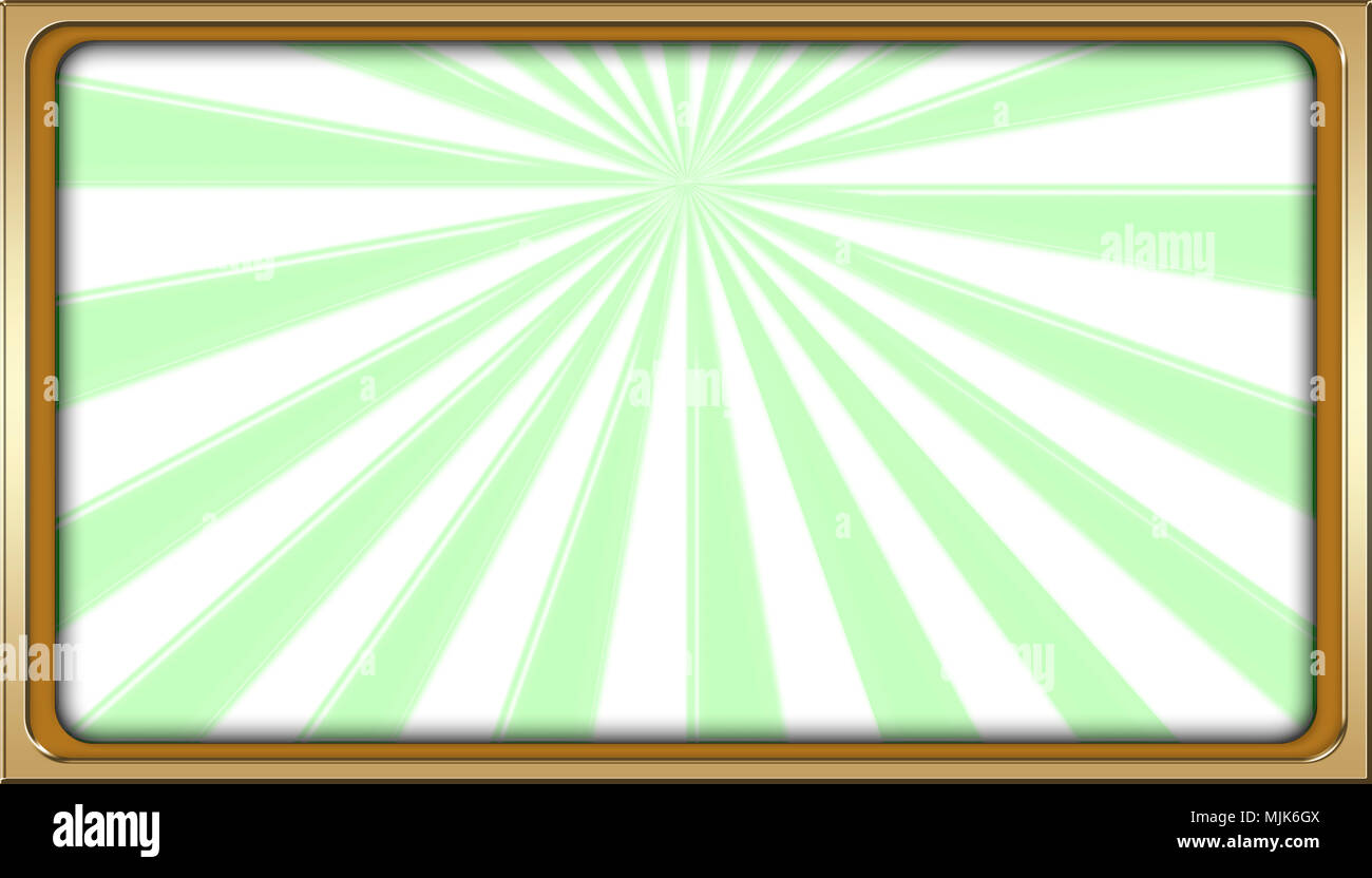 Stock Illustration - Shiny Golden Framed Rays of Green Light, Rectangle Empty Background, Copy Space, 3D, Colorful Green Backdrop. Stock Photo