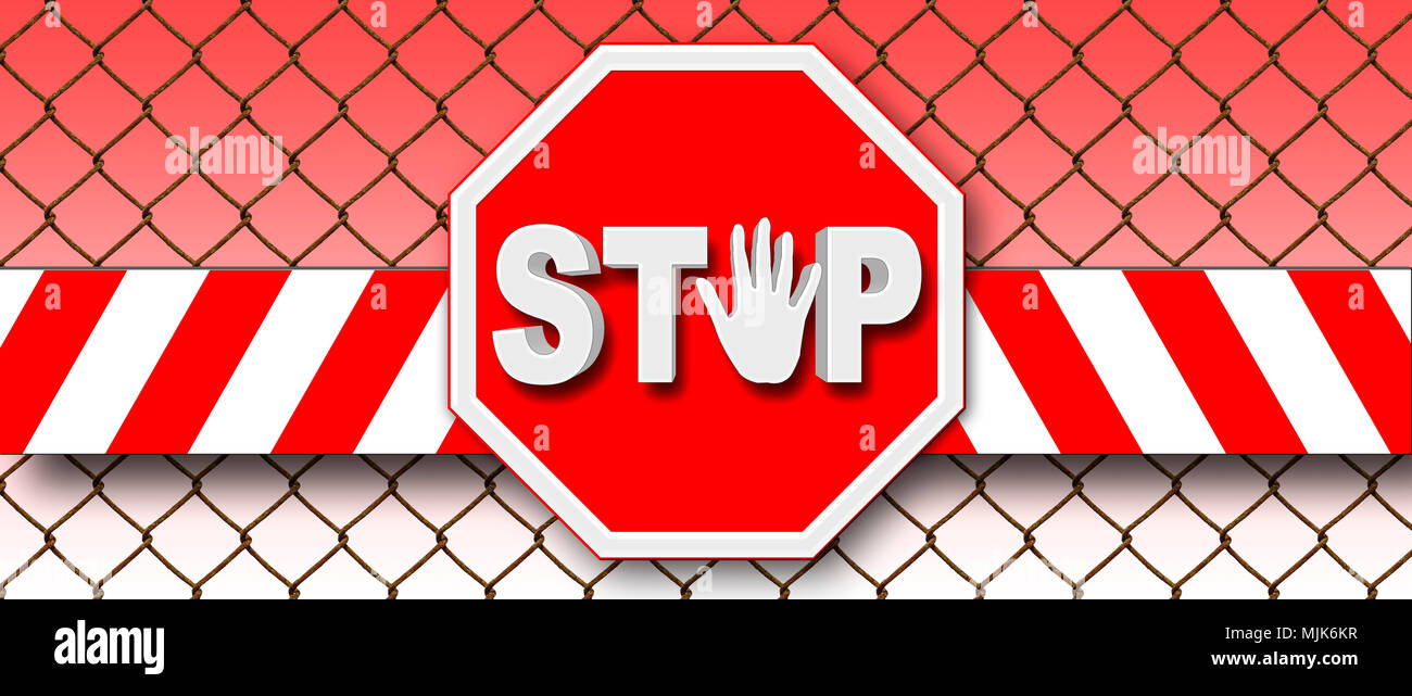 Stock Illustration - Red Stop Traffic Sign, White Text STOP, 3D Illustration, Isolated against the White Fenced Background. Stock Photo
