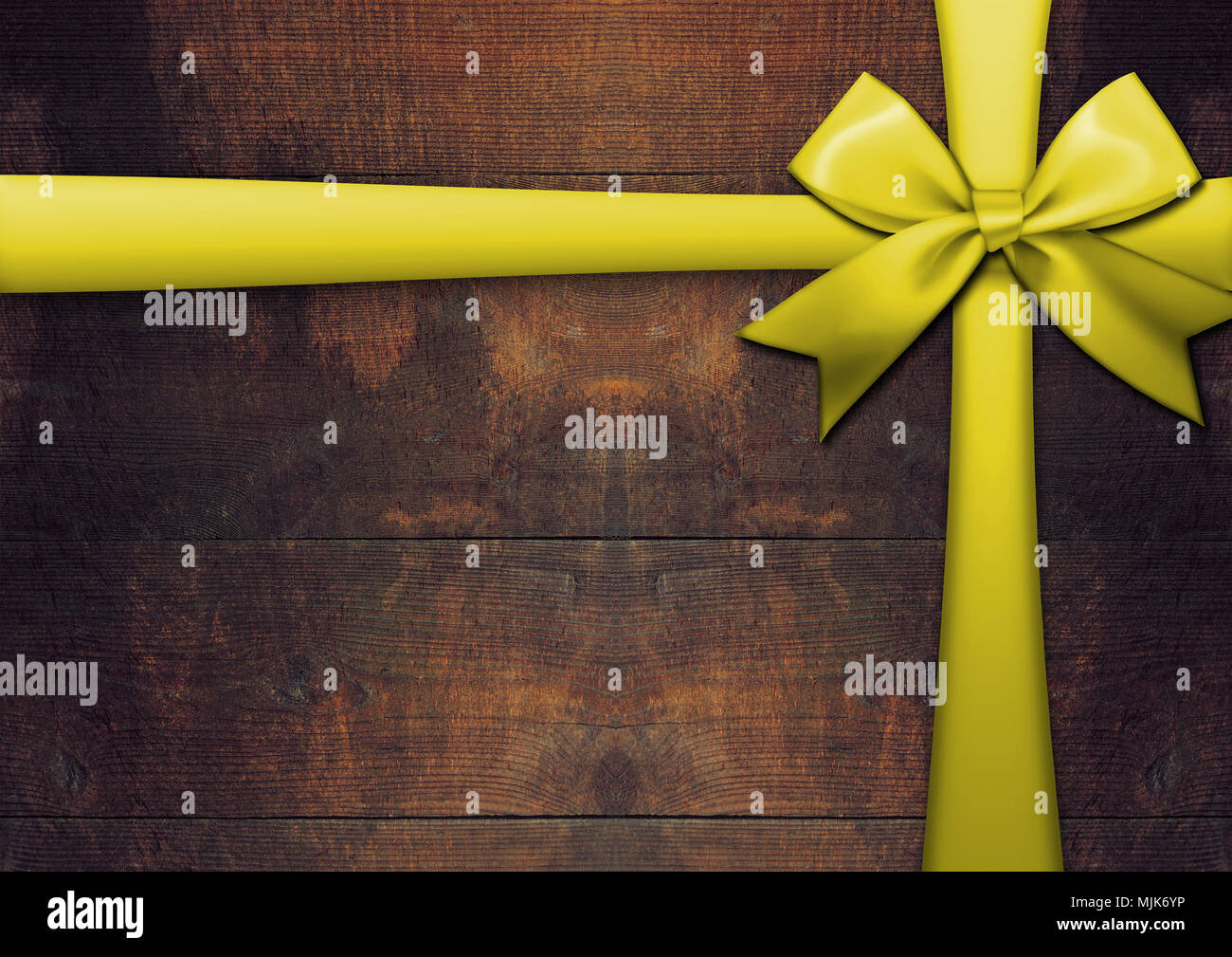 Stock Illustration - Wood Board, Yellow Ribbon and Bow, 3D Illustration, Wood Background, Copy Space. Stock Photo