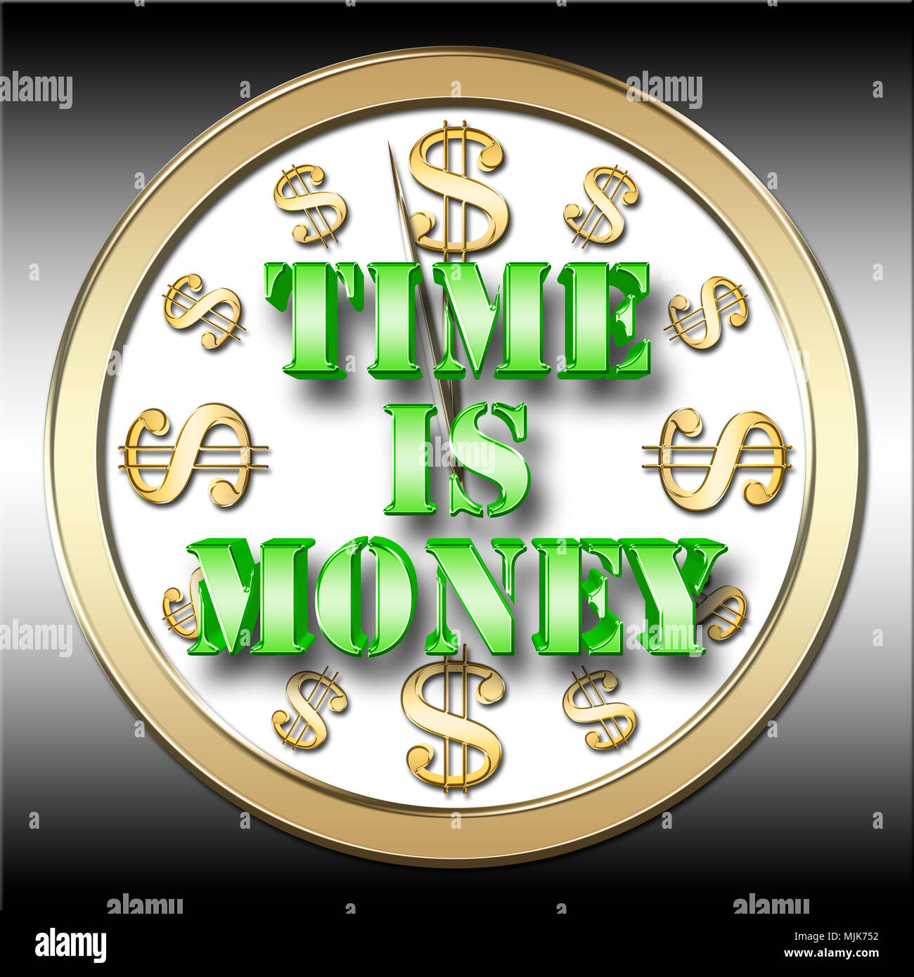 Stock Illustration - Shiny Metallic Green Text: TIME IS MONEY, 3D Illustration, Isolated Against the Gradient Background. Stock Photo