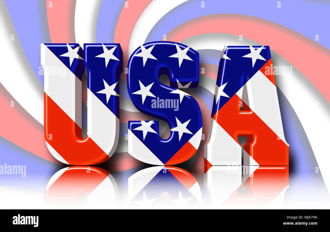 Stock Illustration - Bright Text: USA, Characters Wrapped in the United States Flag, 3D Illustration, Against the Colored Background. Stock Photo
