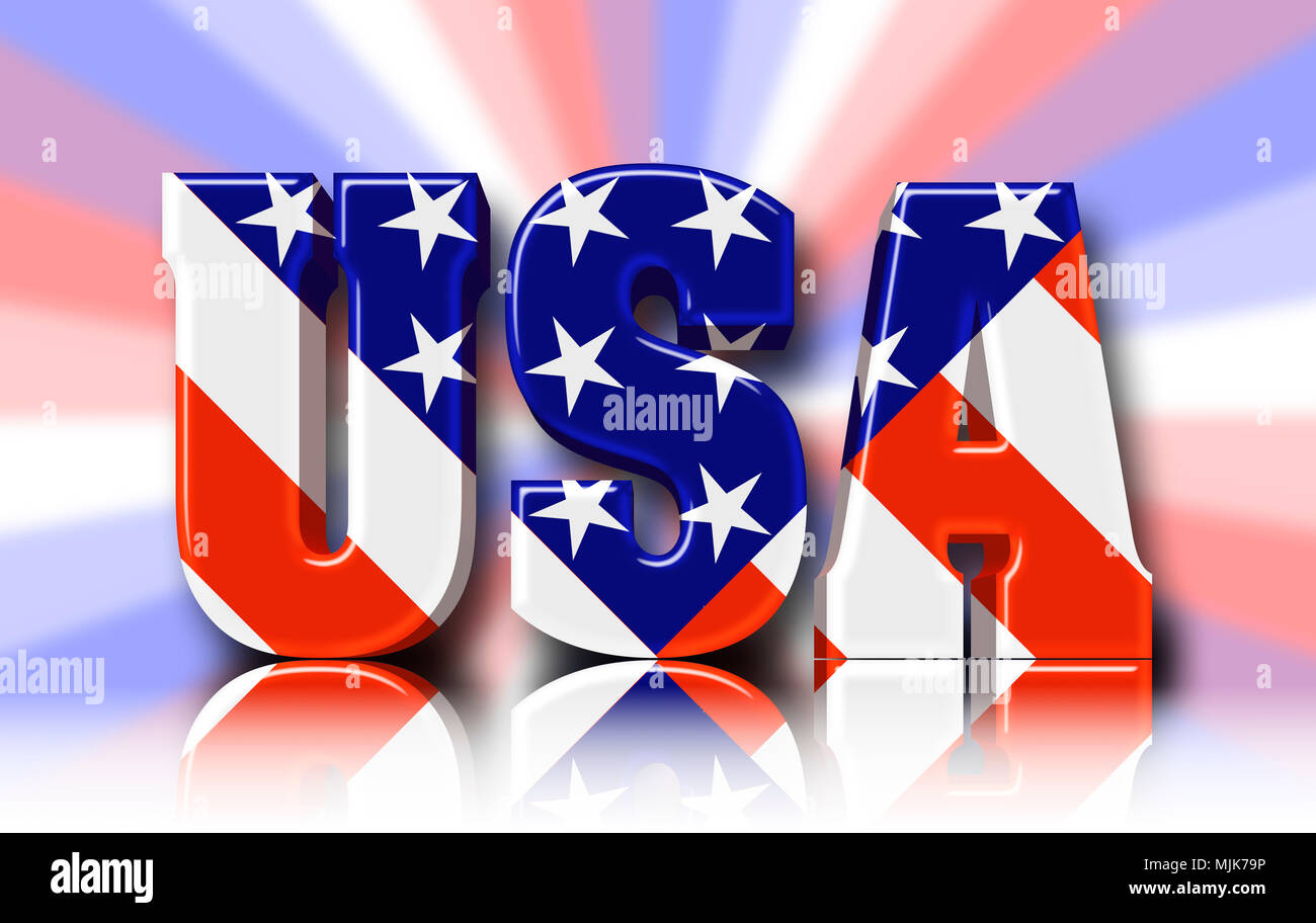 Stock Illustration - Bright Text: USA, Characters Wrapped in the United States Flag, 3D Illustration, Against the Colored Background. Stock Photo