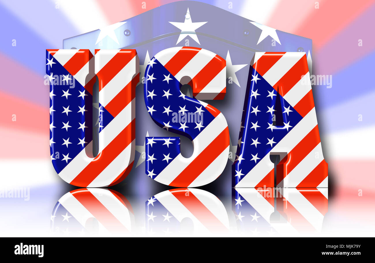 Stock Illustration - Bright Text: USA, Characters Wrapped in the United States Flag, 3D Illustration, Against the Colored Background. Stock Photo