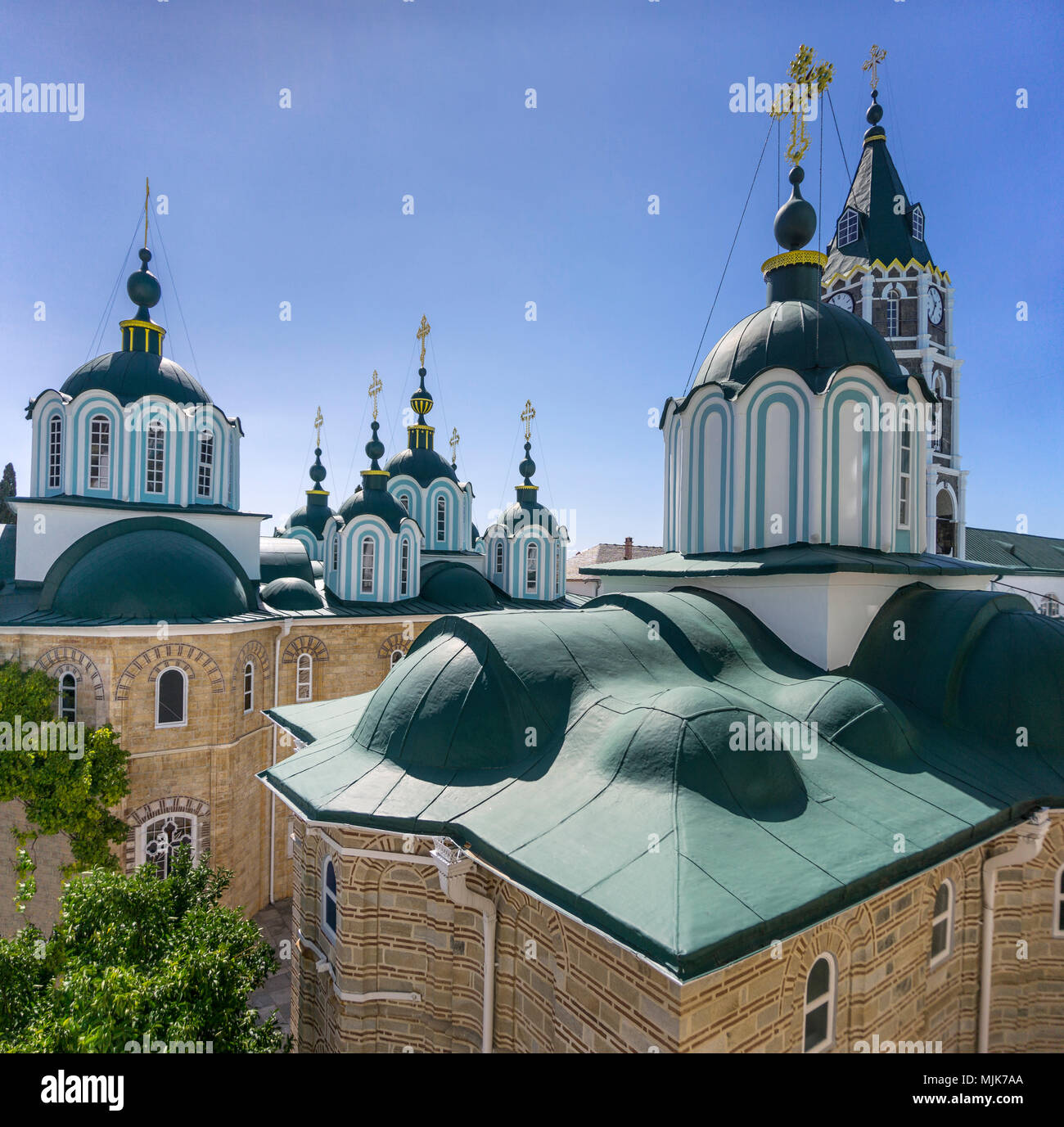 Cupolas on the Katholikon at the center of St. Panteleimon, a Russian monastery  on The Athos peninsula, Macedonia, Northern Greece Stock Photo