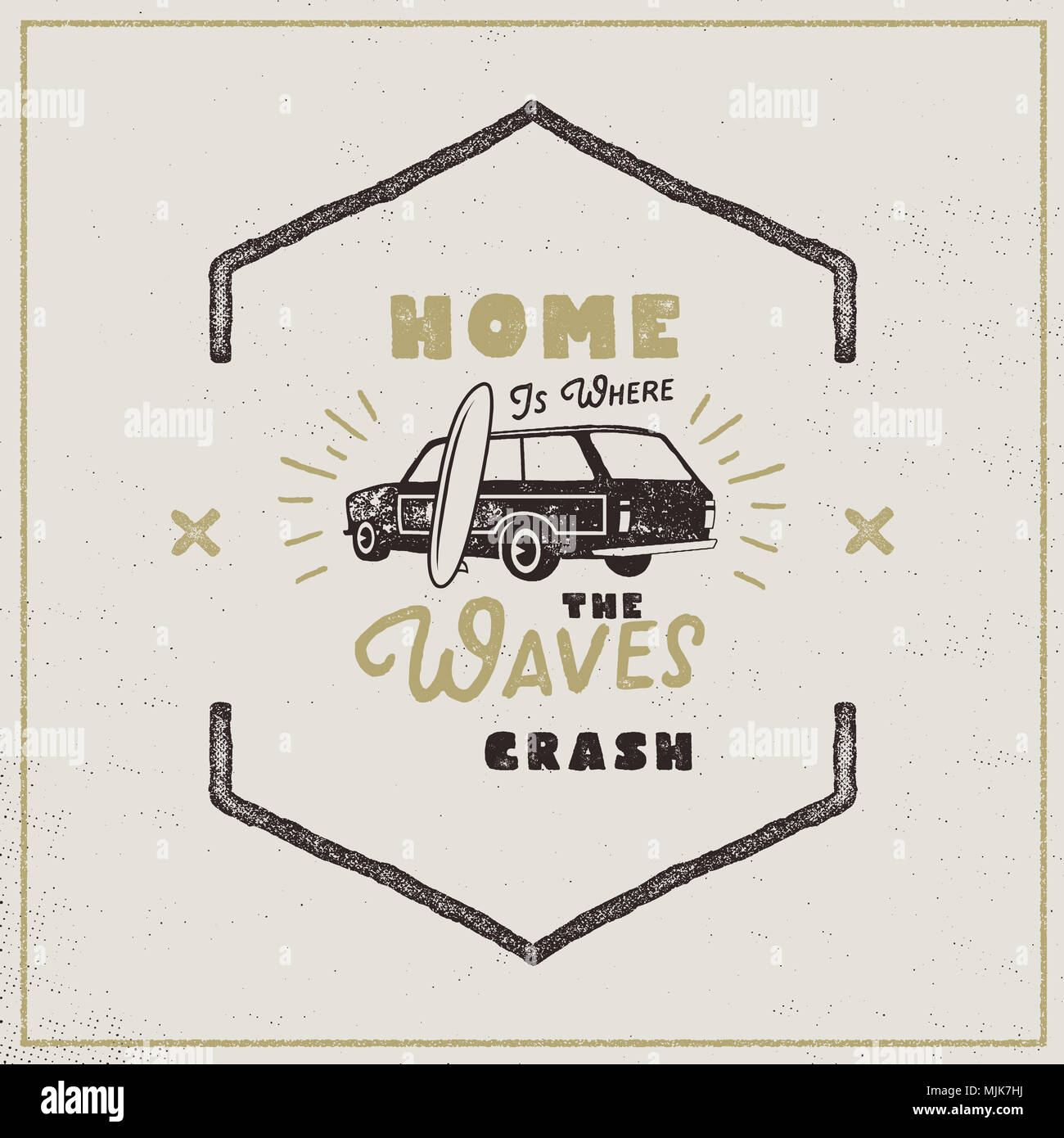 Surf retro poster. Home is where waves crash quote. Vintage surf
