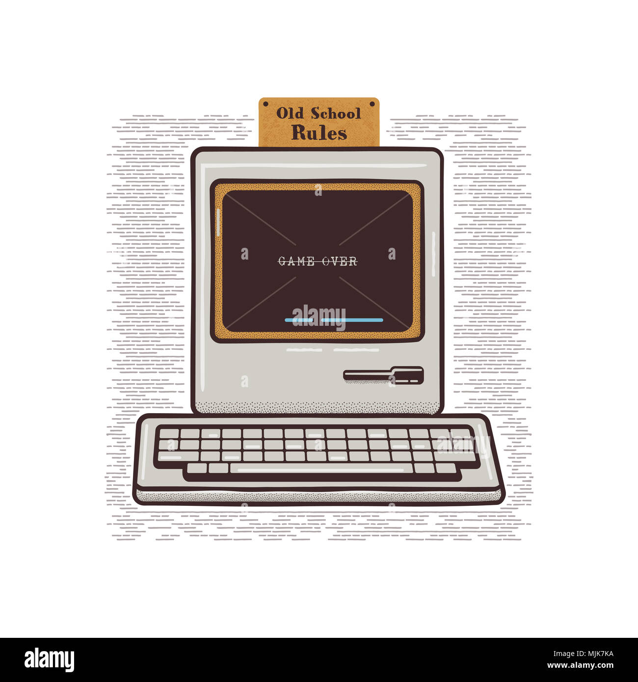 Vintage Hand Drawn Personal Computer With Keyboard. Old classic pc with sign - Old School Rules. Retro technology icon. Stock Illustration, tee design, t shirt isolated on white background Stock Photo