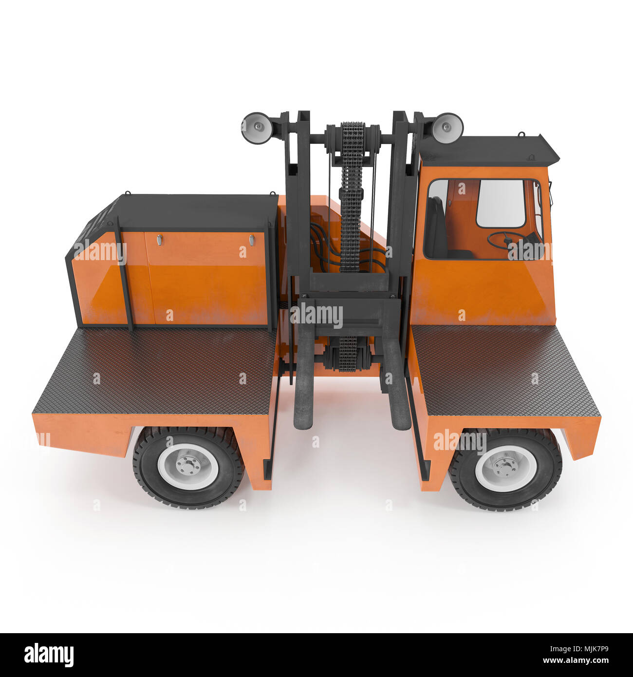 Side Loading Orange Forklift Truck isolated on white. Side view. 3D
