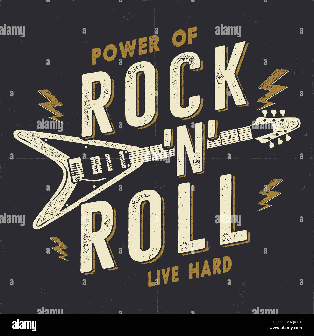 Vintage Hand Drawn Rock n Roll Poster, Rock Music Poster. Hard Music Tee Graphics Design. Rock Music T-Shirt. Power of Rock n Roll quote. Stock retro wallpaper, emblem. Stock Photo