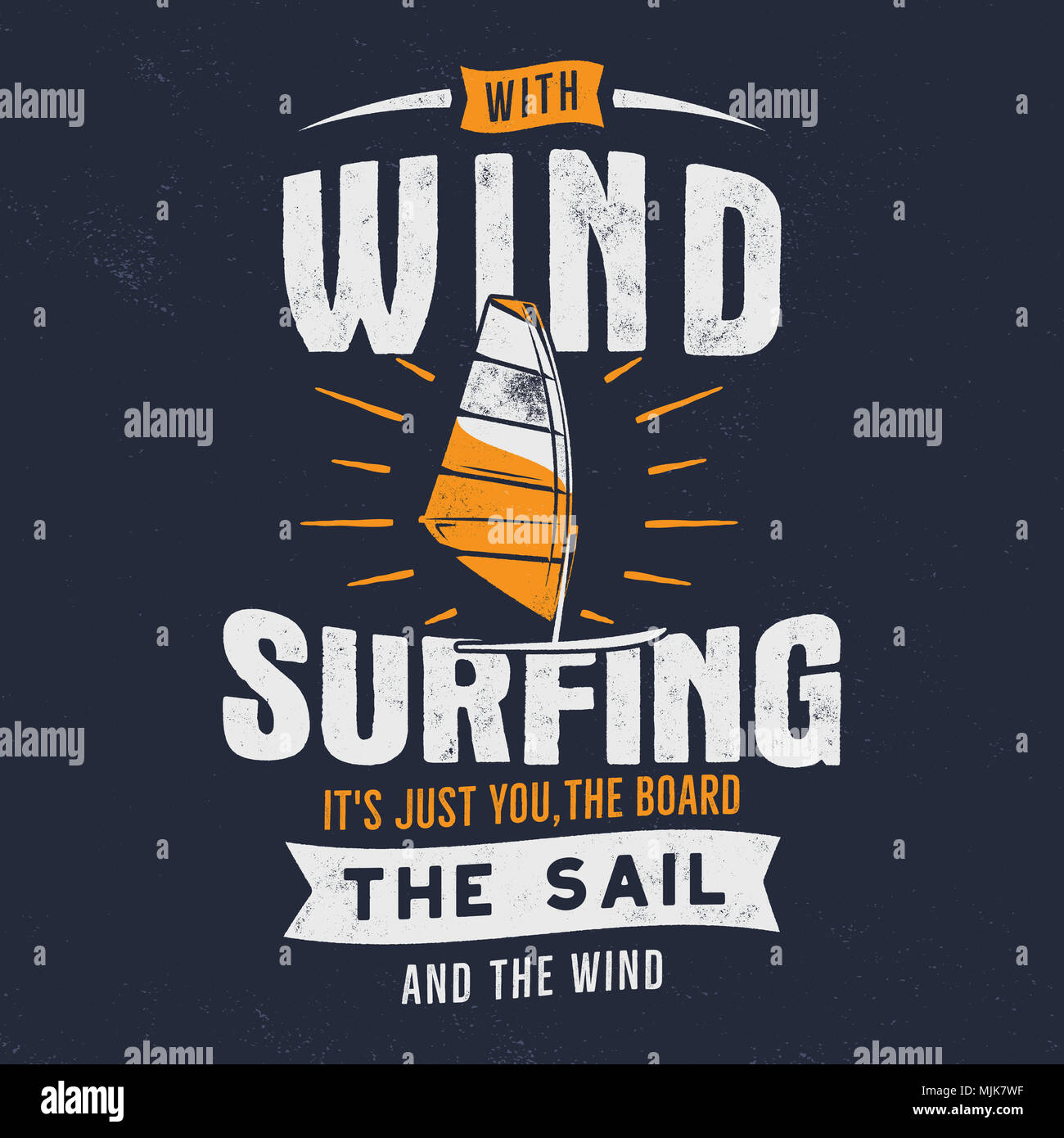 Vintage hand drawn windsurfing, kitesurfing tee graphic design. Summer travel t shirt. poster concept with retro surfboard and typography. Surfing tee design template. Stock emblem isolated Stock Photo