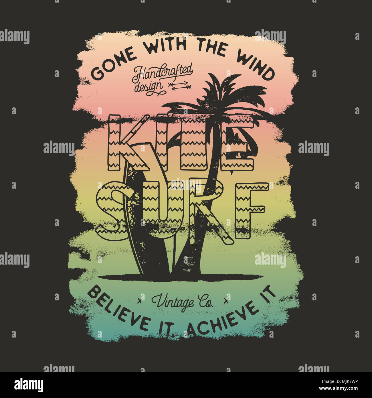 Vintage Hand Drawn Windsurfing Kitesurfing Tee Graphic Design Summer Travel T Shirt Poster Concept With Retro Surfboard And Typography Surfing Tee Design Template Stock Emblem Isolated Stock Photo Alamy