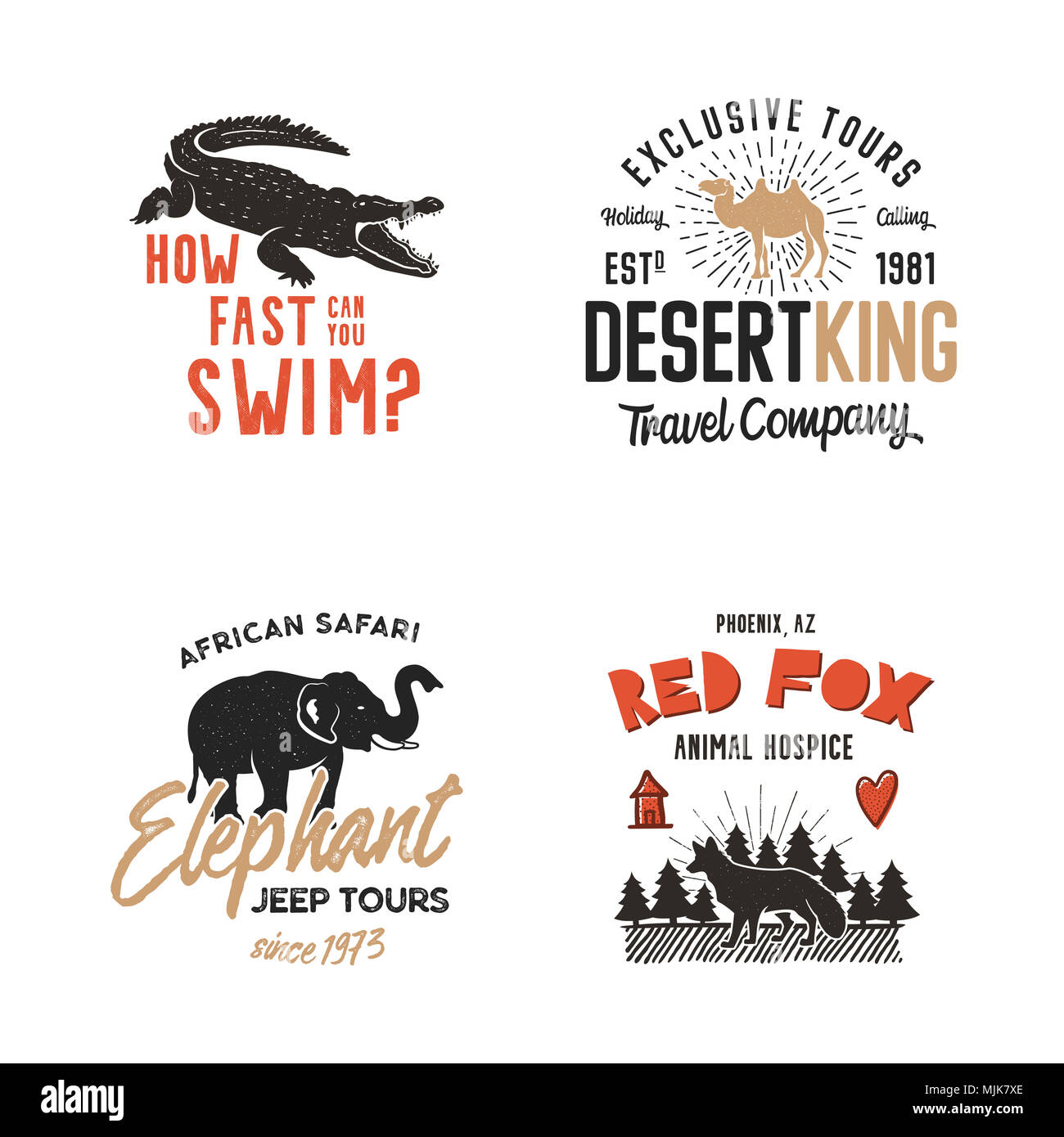 Wild animal Badges set and great outdoors activity insignias. Retro illustration of animal badges. Typographic camping style. Stock wild Animal logos, letterpress effect. Tourism agency labels Stock Photo