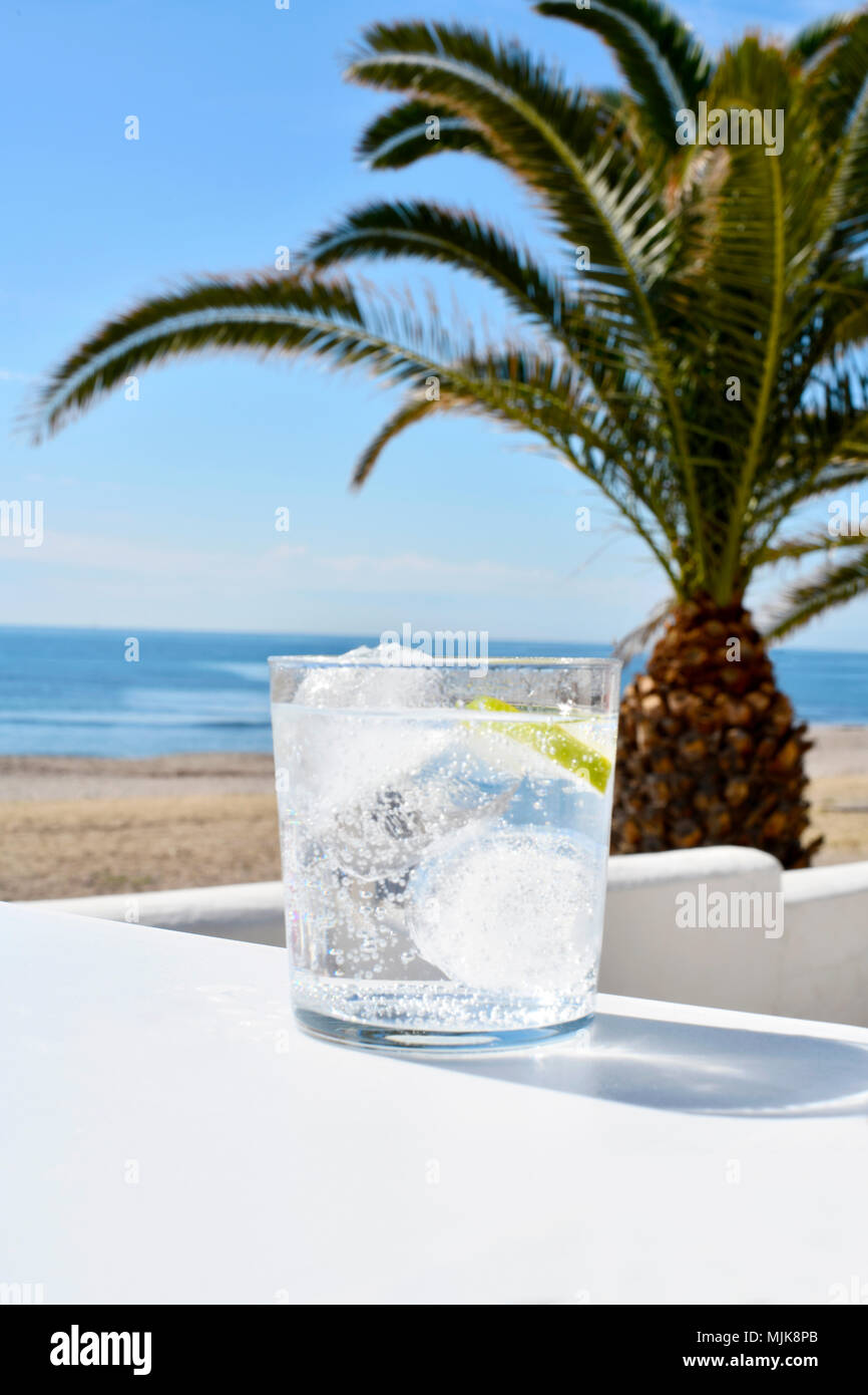 ice cool drink on a beach with the sea and sand in the background also a large palm, selective focus, on a white foreground, shot for copy space Stock Photo