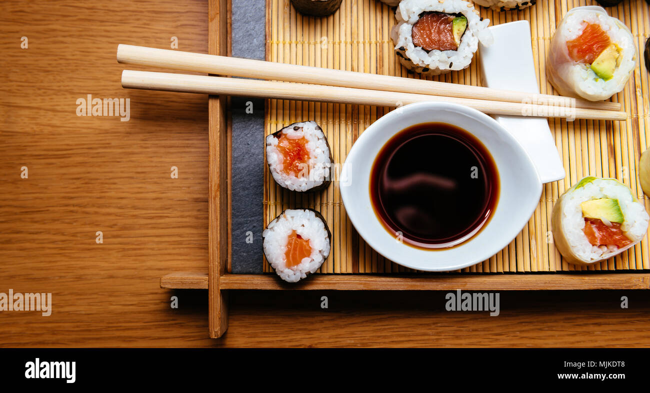 Sushi food prepared on a wooden mat Stock Photo