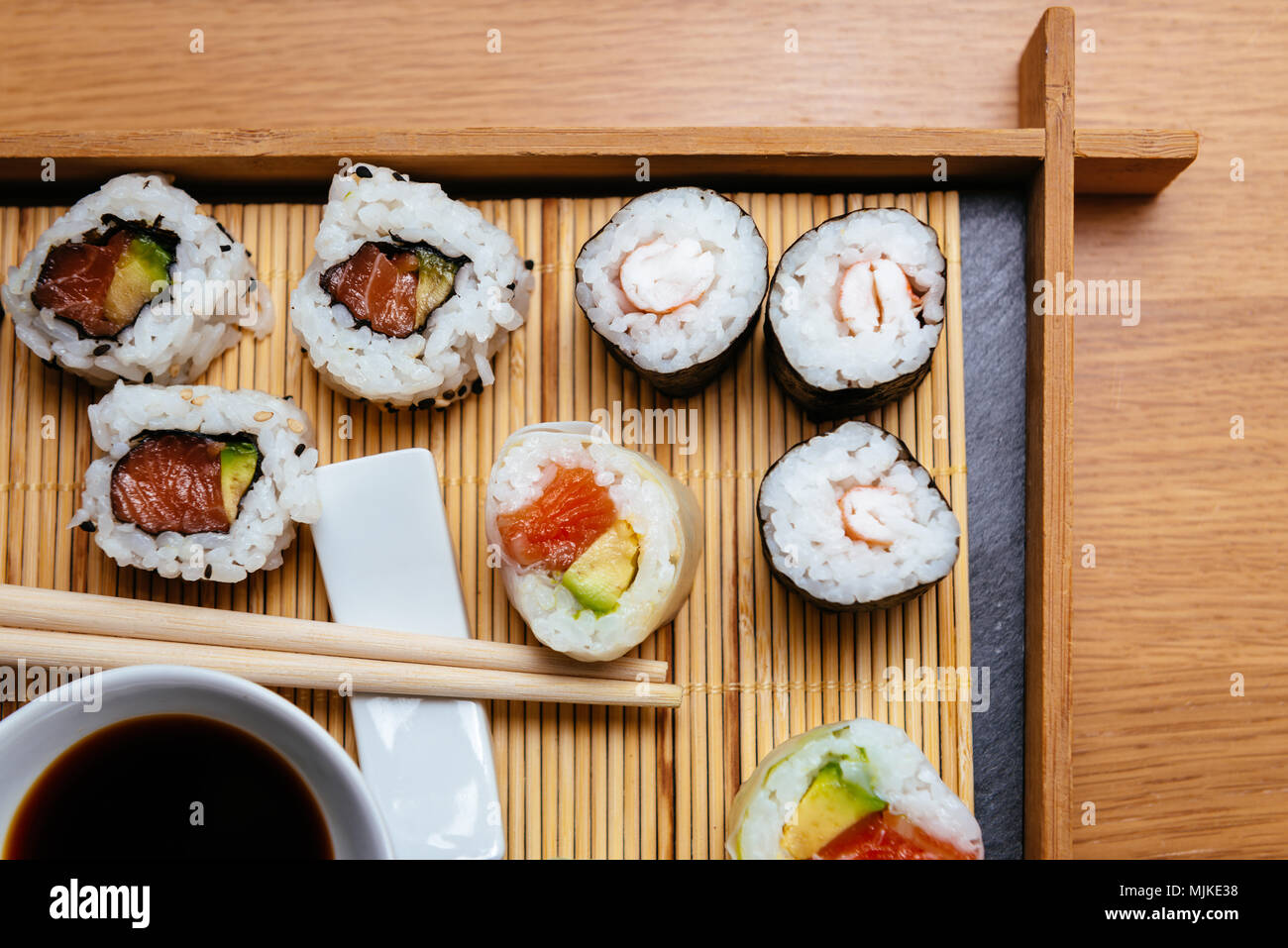Sushi food prepared on a wooden mat Stock Photo