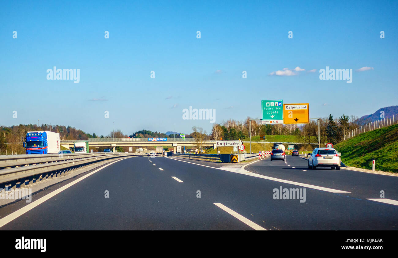 Highway exit Celje on the A1 highway in Slovenia. Slovenia is introducing electronic toll system on its highways. Stock Photo