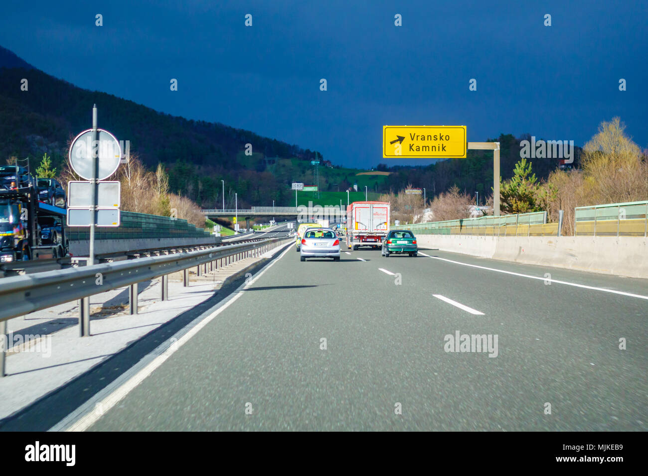 Highway exit Vransko on the A1 highway in Slovenia Stock Photo