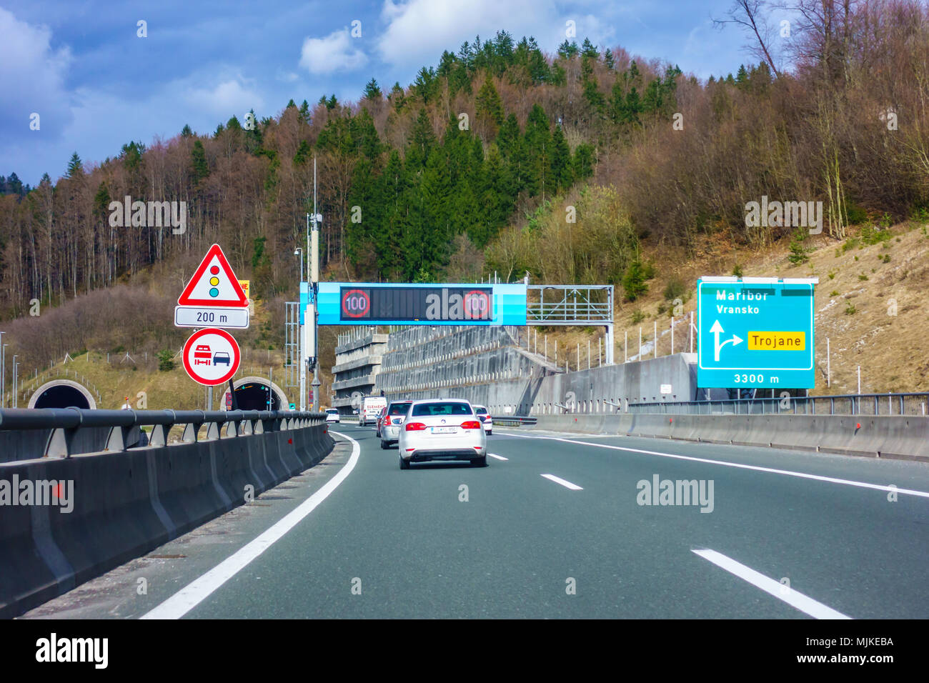 Highway exit Trojane on the A1 highway in Slovenia Stock Photo