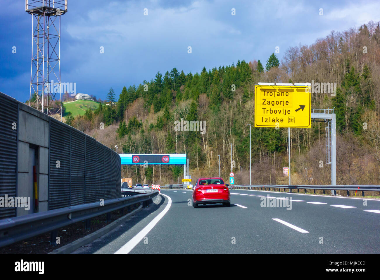 Highway exit Trojane on the A1 highway in Slovenia Stock Photo