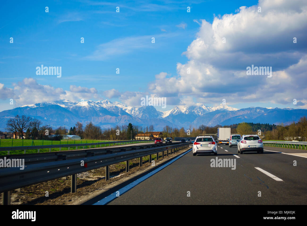 Traffic on Slovenian highway A1 between Maribor and Ljubljana Stock Photo