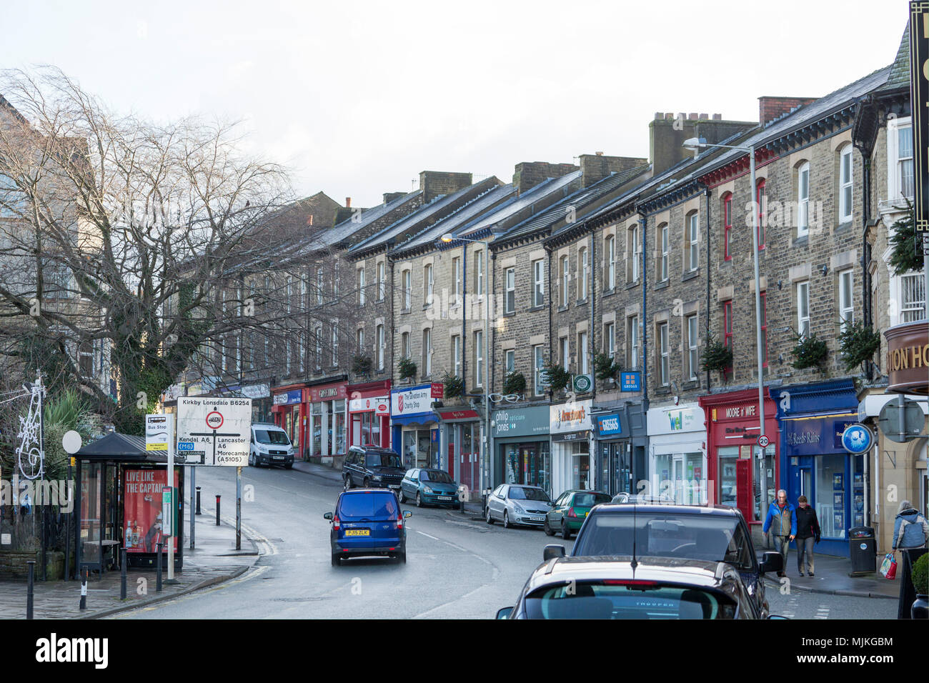 Looking up Market Street, the main street in Carnforth Lancashire