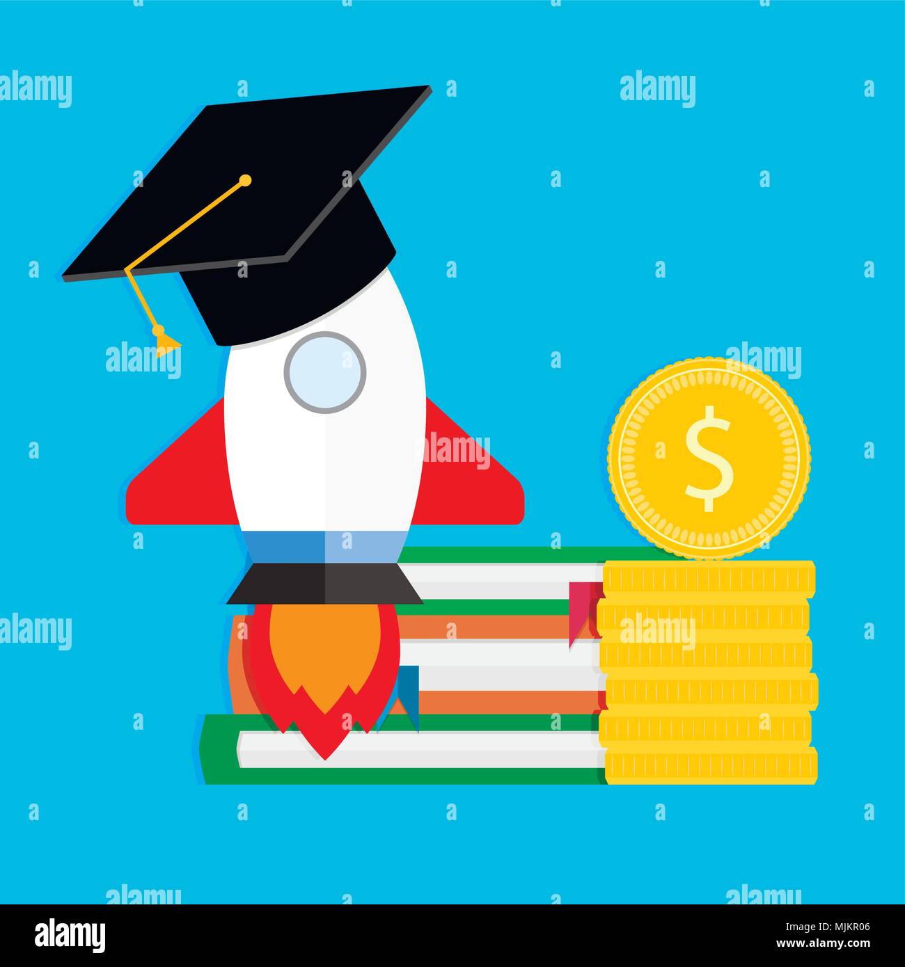 Beginning study in university. Launch study rocket, learning and teaching, development financing. Vector illustration Stock Vector