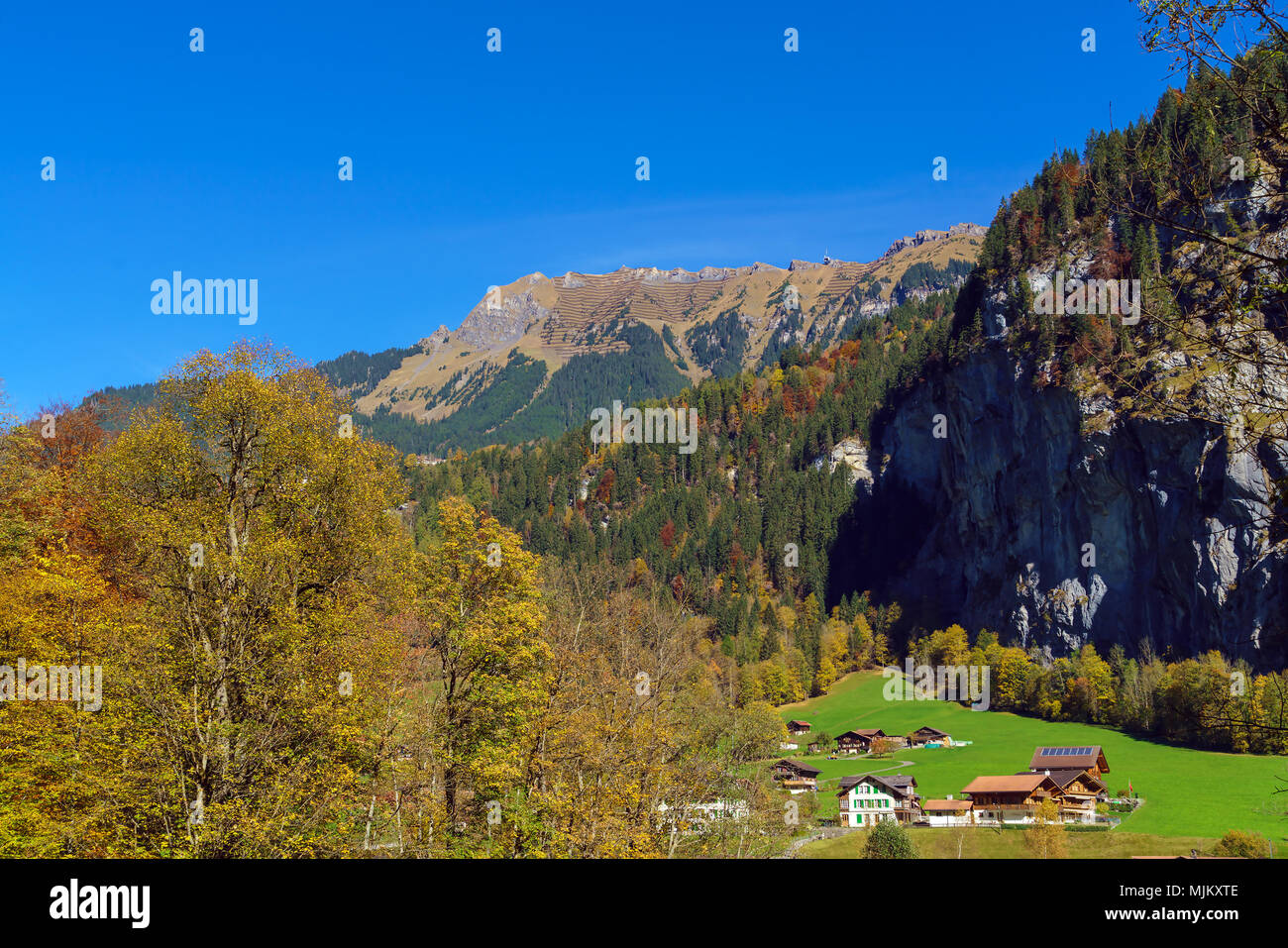 Traditional Chalets of village in Lauterbrunnen Valley at autumn ...
