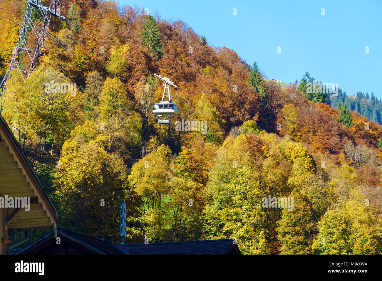 Cabin of cable car from Lauterbrunnen Valley to Murren at autumn