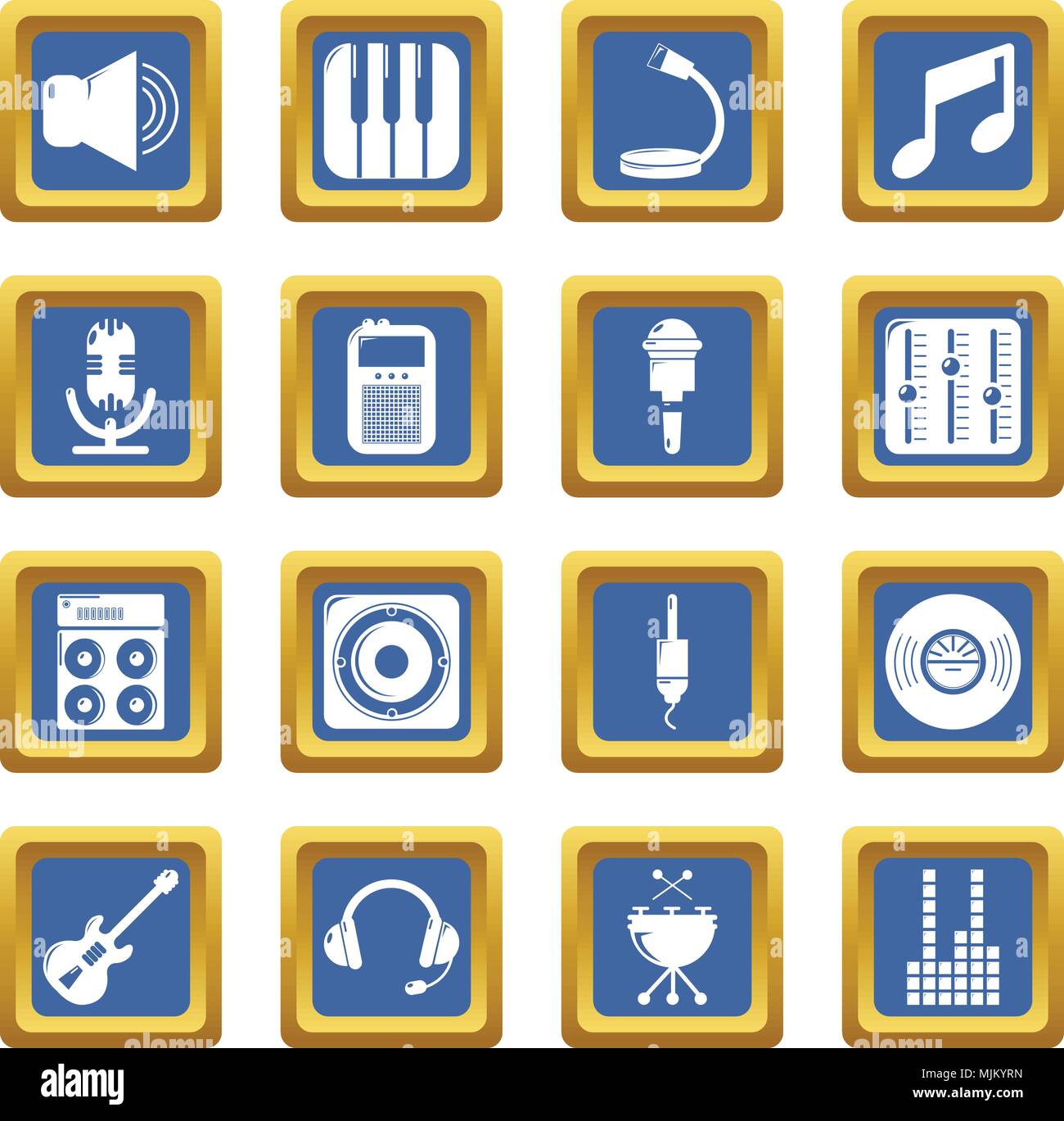 Recording studio symbols icons set vector blue square isolated on white ...