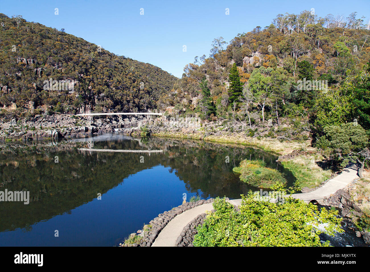 The first basin at Cataract Gorge with Alexandria footbridge over South Esk River in Launceston, Tasmania. A beautiful and relaxing area for families Stock Photo