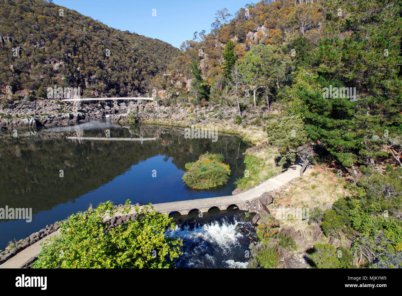 The first basin at Cataract Gorge with Alexandria footbridge over South Esk River in Launceston, Tasmania. A beautiful and relaxing area for families Stock Photo