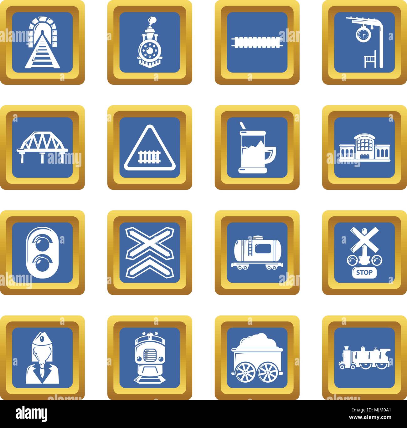Train railroad icons set vector blue square isolated on white ...