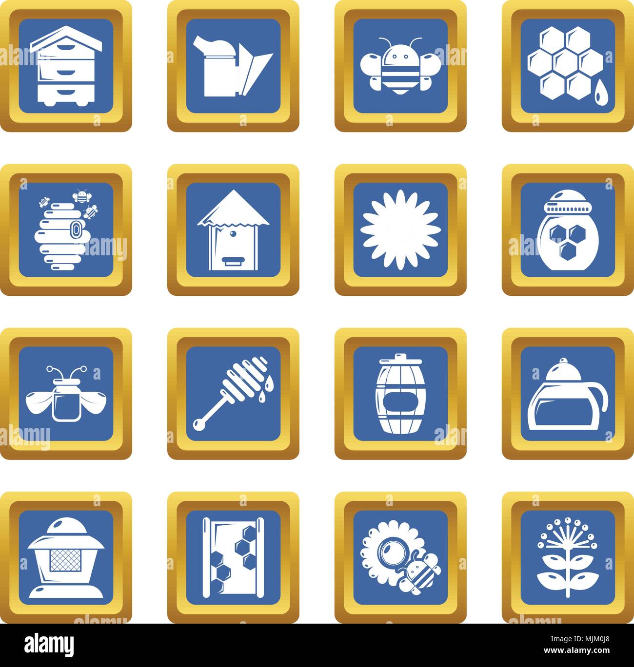 Apiary honey icons set vector blue square isolated on white background Stock Vector