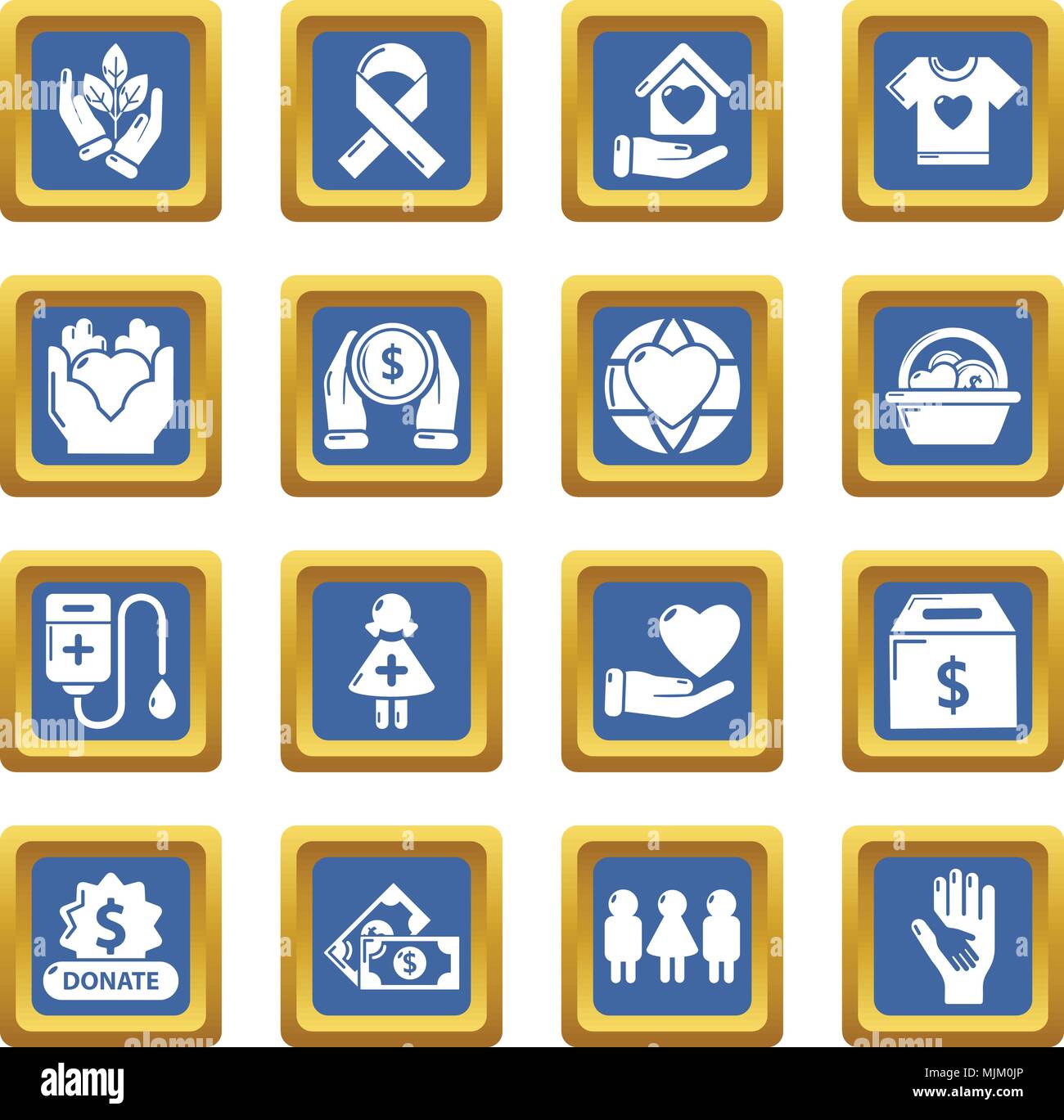Charity icons set vector blue square isolated on white background Stock Vector