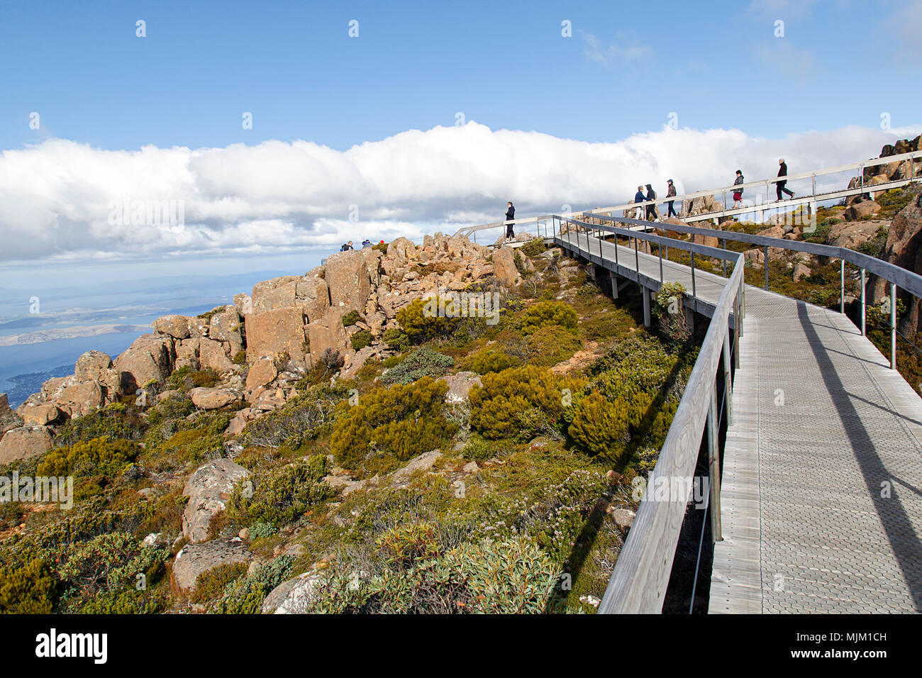 Hobart, Tasmania, Australia: March 28, 2018: Tourists enjoy the views of Hobart from the Pinnacle observation point on the summit of Mount Wellington. Stock Photo