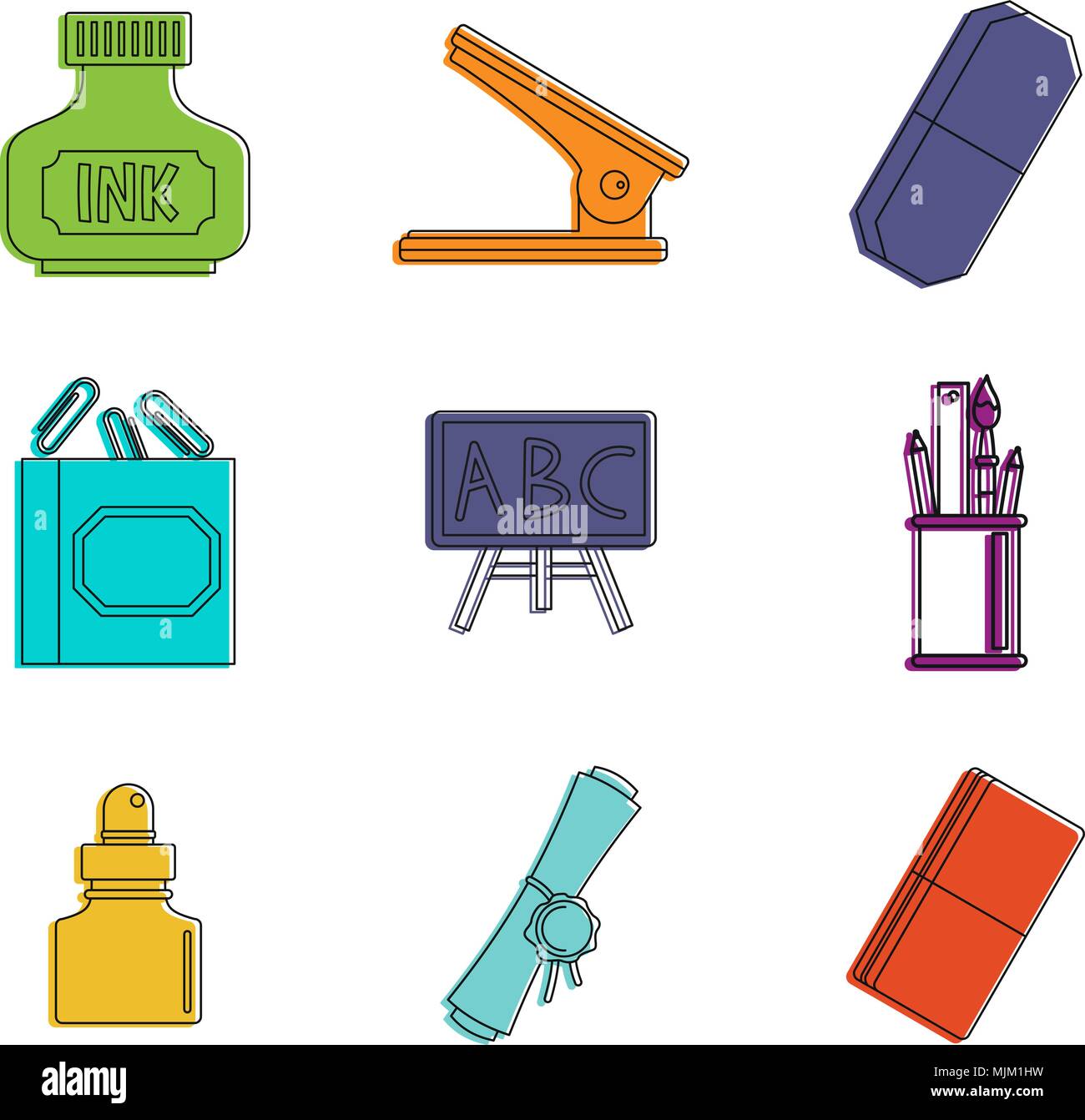Office tool icon set, color outline style Stock Vector