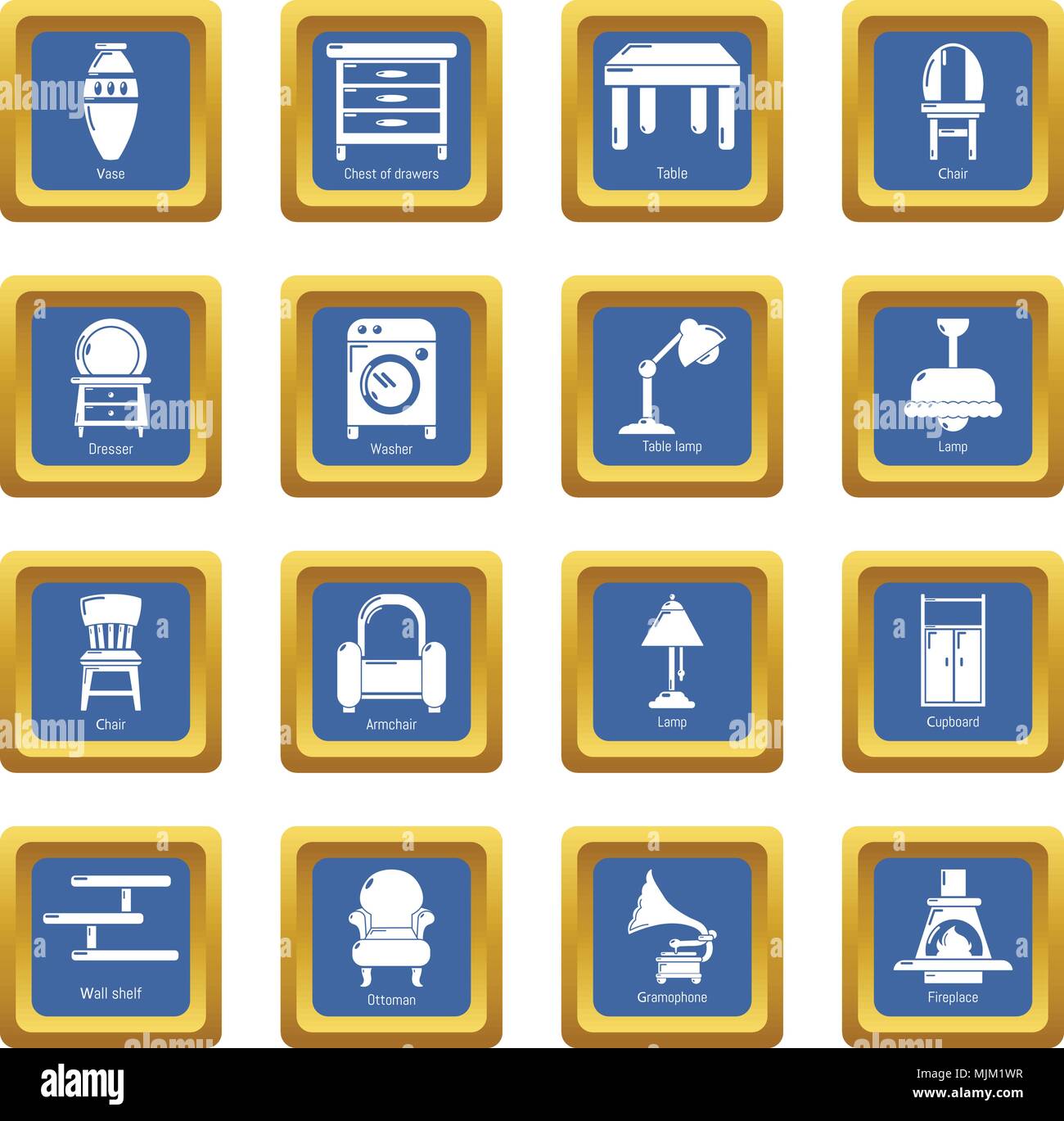 Interior furniture icons set blue square vector Stock Vector Image ...