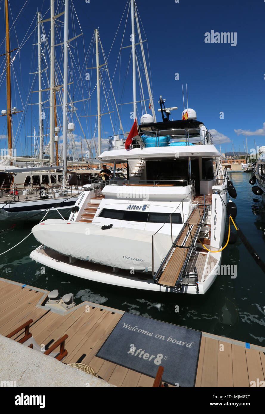 Luxury Mallorca / Majorca - Luxury charter Motor Yacht 'After 8' II (Sunseeker 26m ) - boats at Palma International Boat Show 2018 / Palma Superyacht  Stock Photo