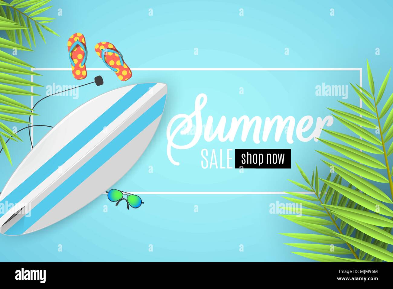 Summer Sale Banner White Frame With Text Surfboard Beach