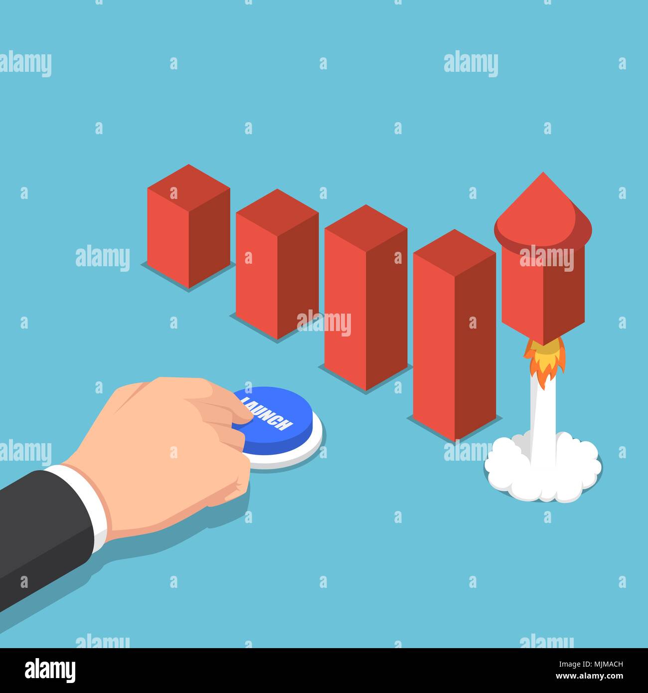 Flat 3d isometric businessman launching rocket to increase graph. Business growth concept. Stock Vector
