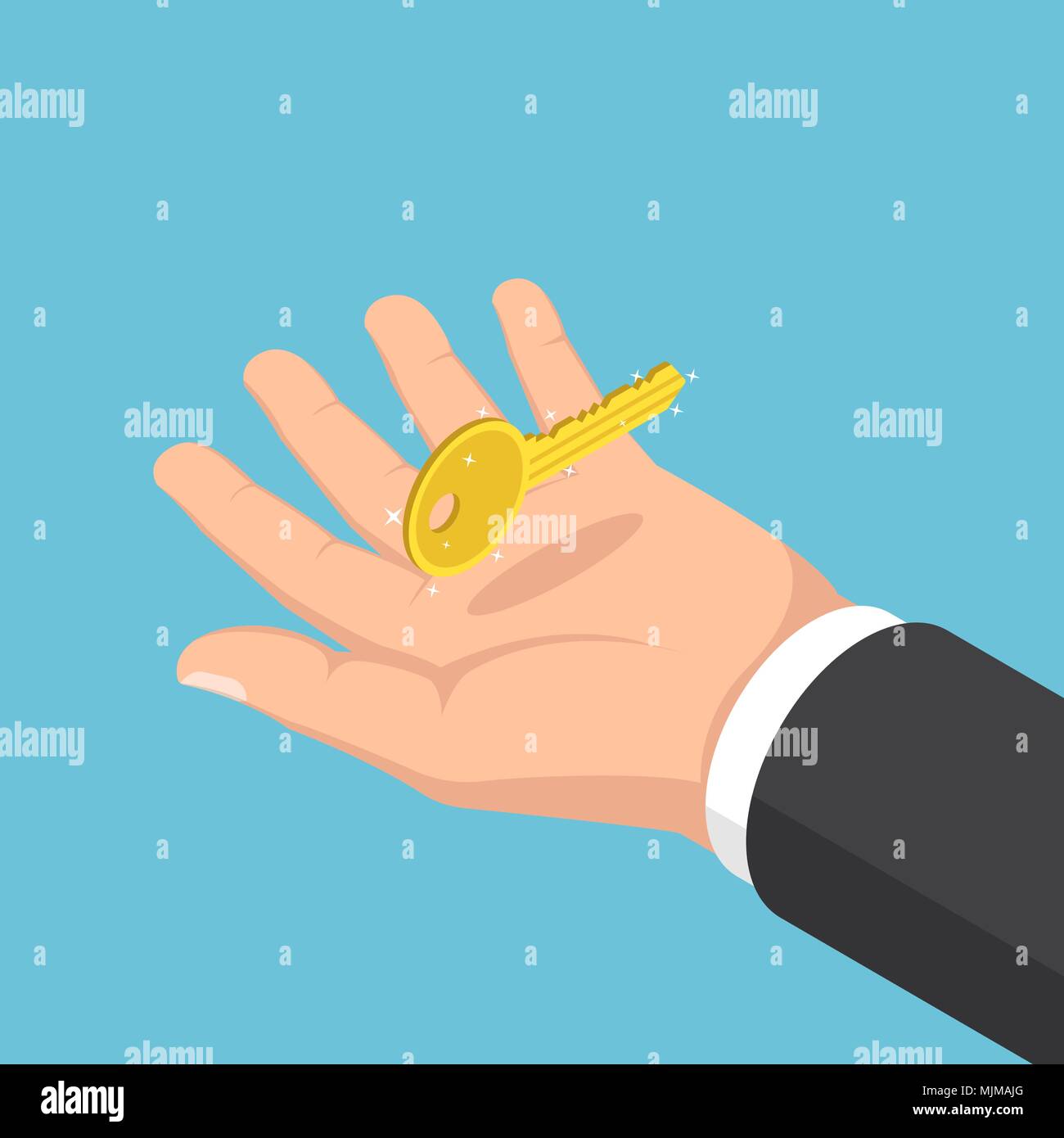 Flat 3d isometric businessman hand holding golden key. Key to business ...