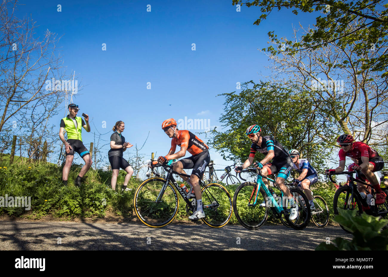 Competitors near the summit of Cote de Silpho during day three of the Tour de Yorkshire from Richmond to Scarborough. Stock Photo